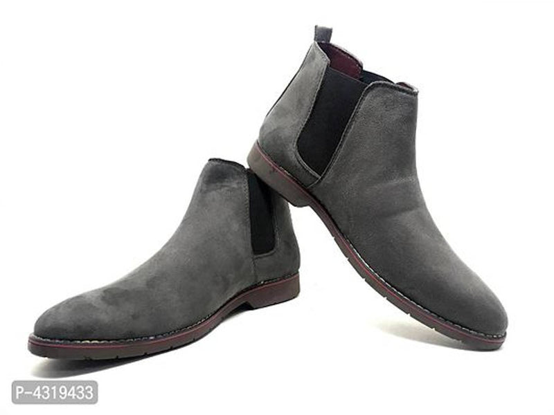 Stunning Grey Synthetic Suede Solid Heeled Boots For Men