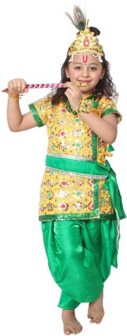Shri Krishna Ji Kids Costume Wear ( 1 Dhoti, 1 Flute, 1 Waist Band, 1 Hand Band, 1 Ear Rings, 1 Mala, 1 Mukut, 1 Kurta)
