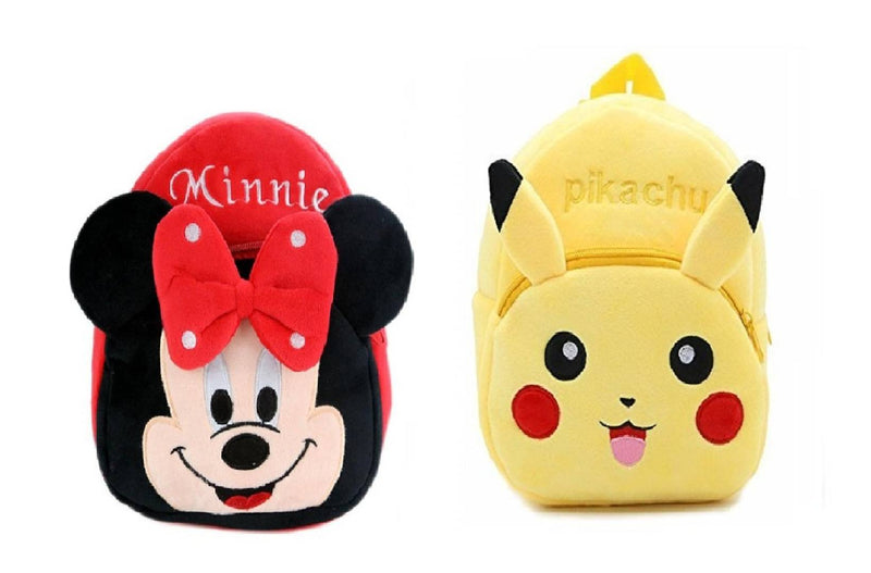 Minnie-Pikachu Soft Velvet Kids School/Nursery/Picnic/Carry/Travelling Bag - 2 to 5 Age Waterproof Backpack (Red, Yellow, 14 L) Pack Of 2