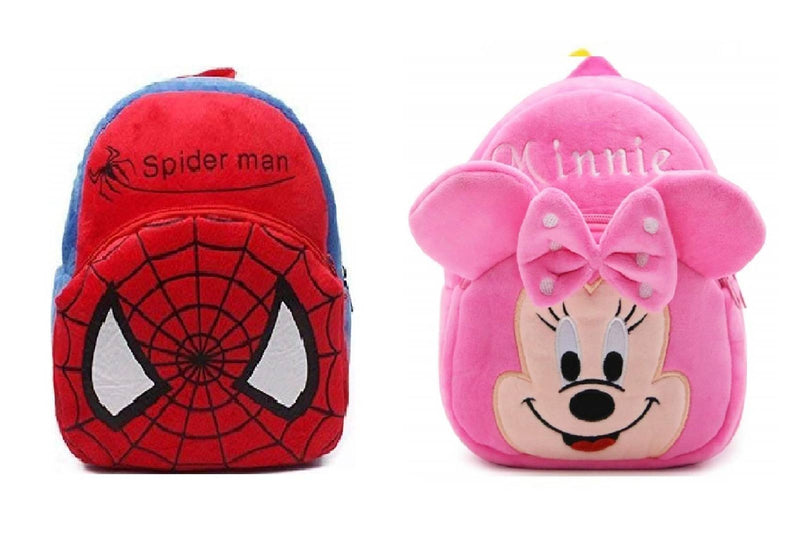 Spiderman-Minnie Soft Velvet Kids School/Nursery/Picnic/Carry/Travelling Bag - 2 to 5 Age Waterproof Backpack (Red, Pink, 14 L) Pack Of 2