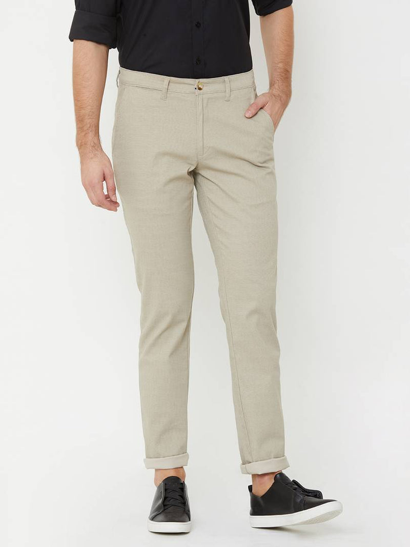 Lucky Blue Men's Off White Solid Cotton Spandex Mid-Rise Chinos