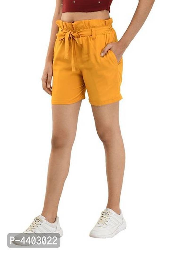 Designer Yellow Crepe Solid Regular Shorts For Women