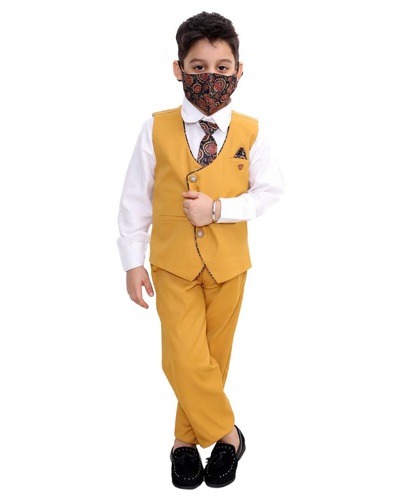 Clothing Set of 3 Piece Suit Set with Face-Mask, Tie, Shirt, Trousers and Waistcoat for Kids and Boys