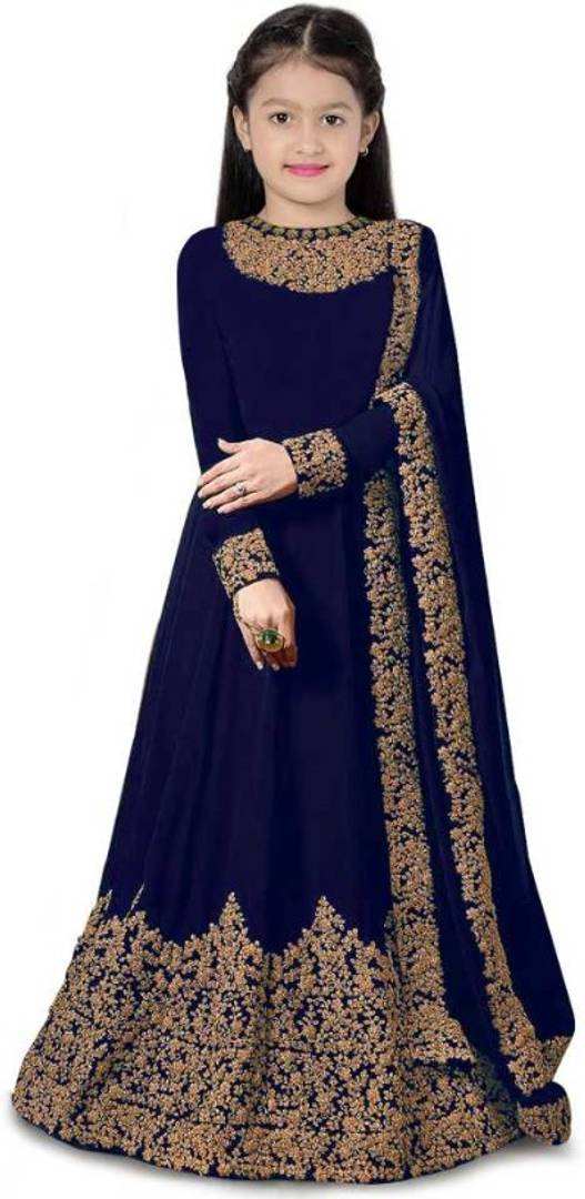 Latest Designer Kids Blue Heavy Taffeta Embroidered Long Anarkali Gown 8 To 11 YRS