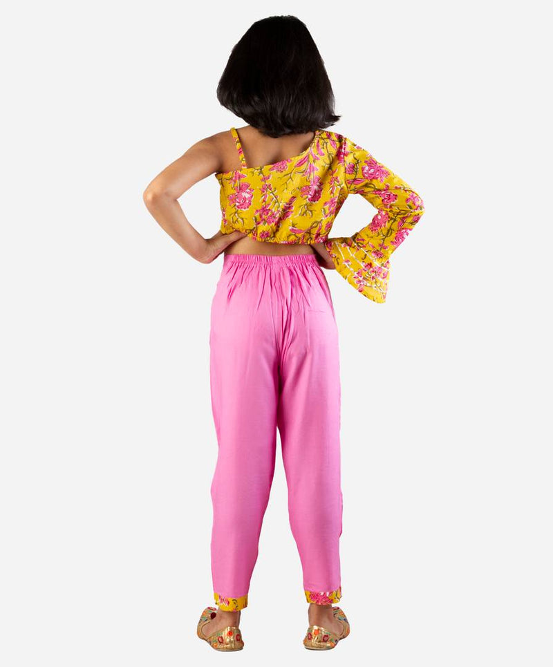 Girl's One Shoulder crop top and Trouser set - Yellow