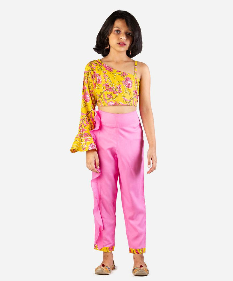 Girl's One Shoulder crop top and Trouser set - Yellow