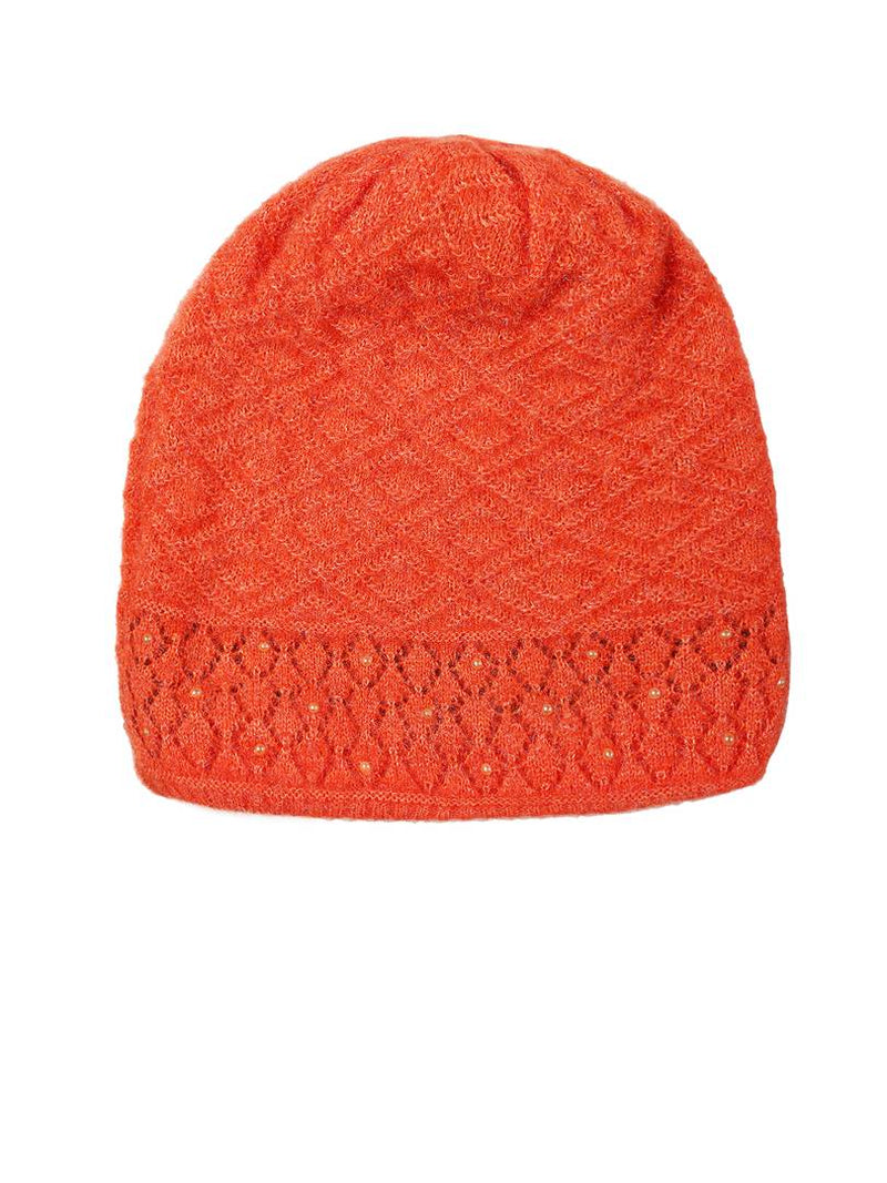 Stylish Orange Knitted Fur Solid Traditional Caps For Women And Girls