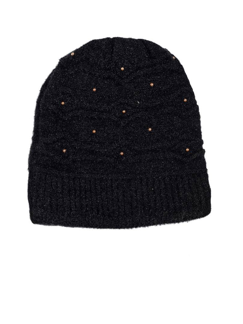 Stylish Black Knitted Fur Solid Traditional Caps For Women And Girls