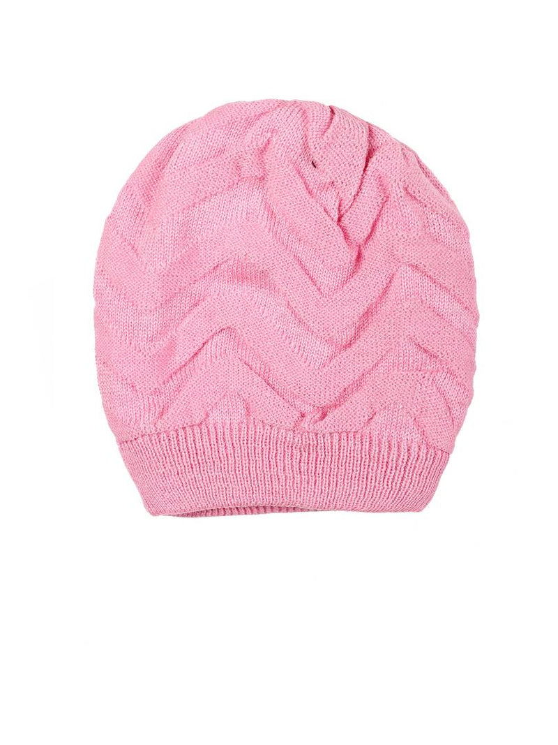 Stylish Pink Knitted Fur Solid Traditional Caps For Women And Girls