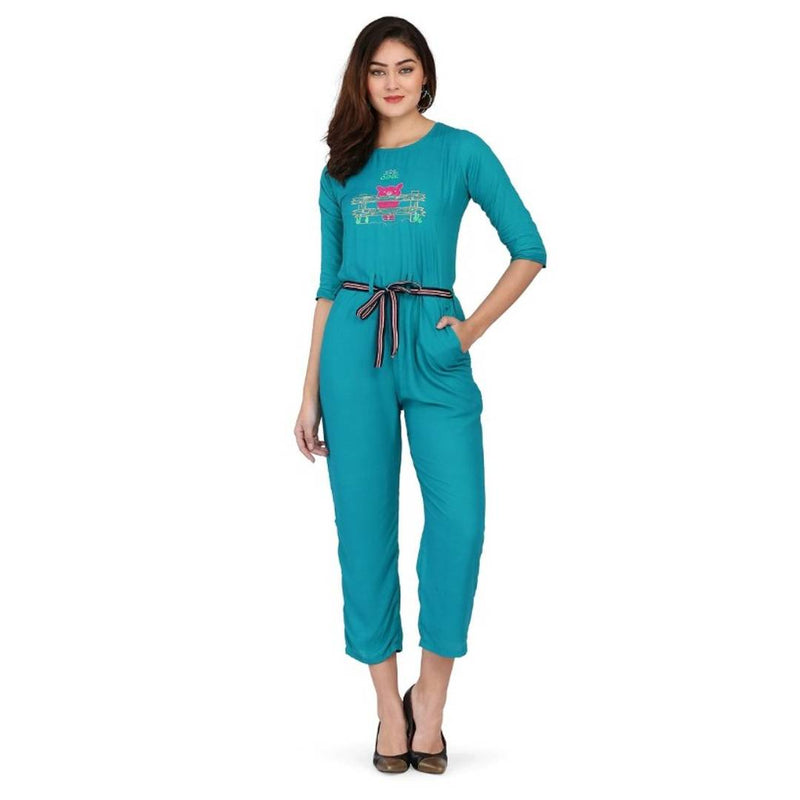 Elite Turquoise Printed Poly Rayon Basic Jumpsuit For Women