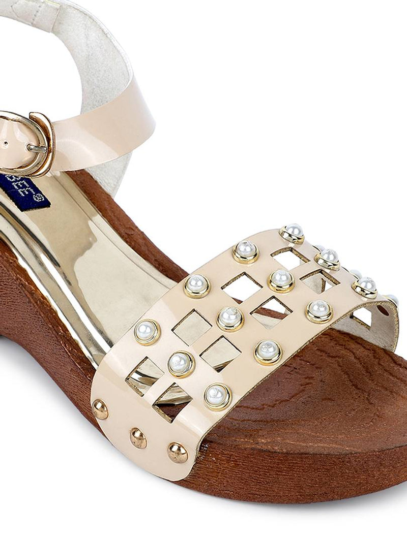 Women's Trendy Off White Embellished Synthetic Leather Wedges Sandals