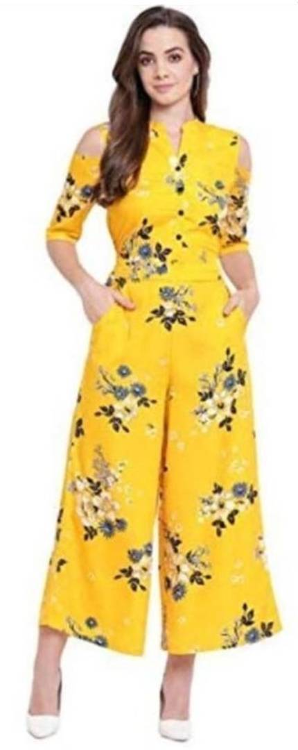 Elegant Yellow Printed Crepe Basic Jumpsuit For Women