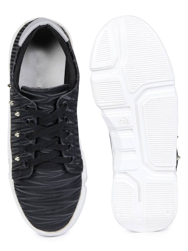 Stylish Black Synthetic Leather Solid Sneakers For Women