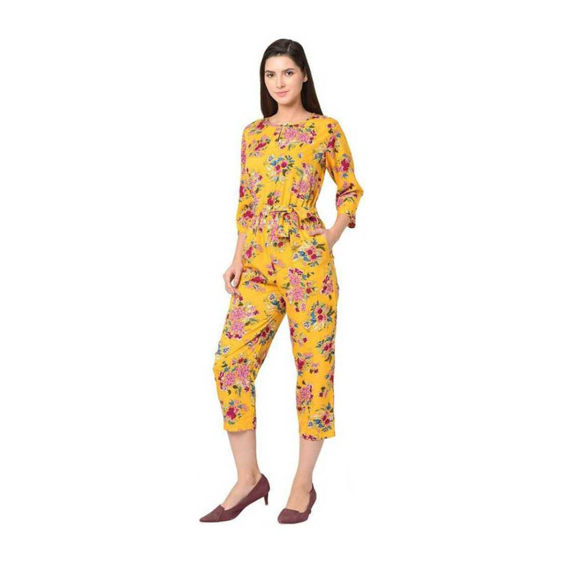 Stylish Yellow Floral Printed Crepe Jumpsuit For Women