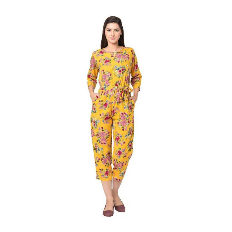Stylish Yellow Floral Printed Crepe Jumpsuit For Women