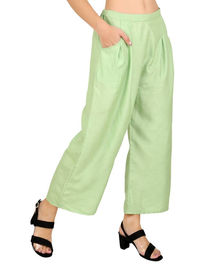 Relaxed Women Solid  Light Green Cotton Silk Trousers