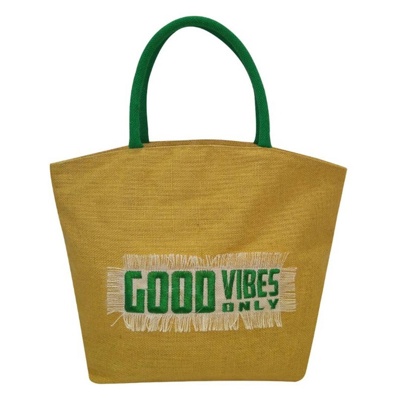 Trendy Jute Tote bag in yellow with Zipper and Pocket