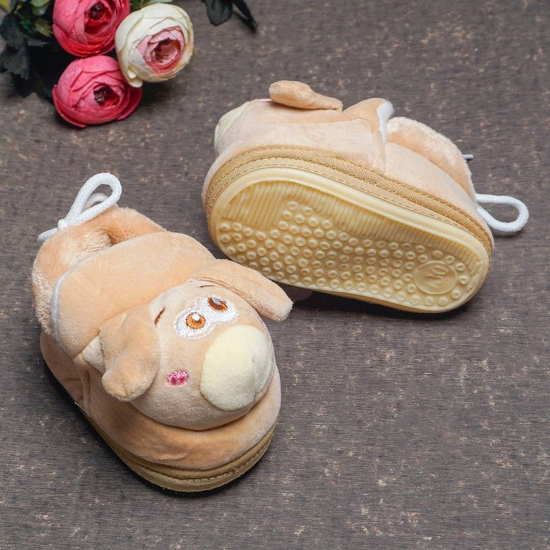Round Toed Dog Face Applique Soft Slip on PVC sole Anti Skid Booties For Baby - Brown