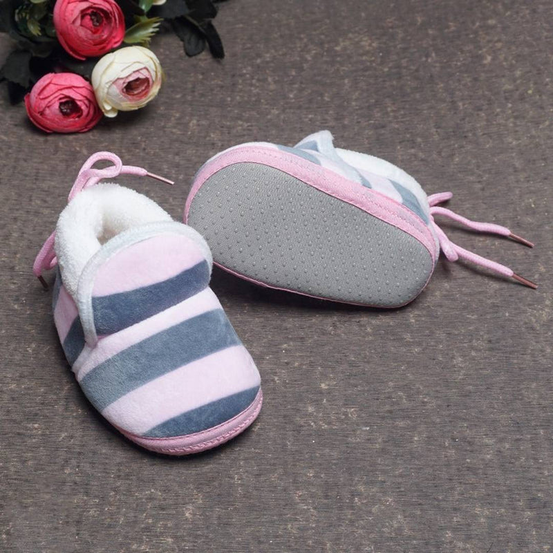 Round Toed Stripes Printed Soft Slip on Anti Skid Booties For Baby - Navy Blue & Pink