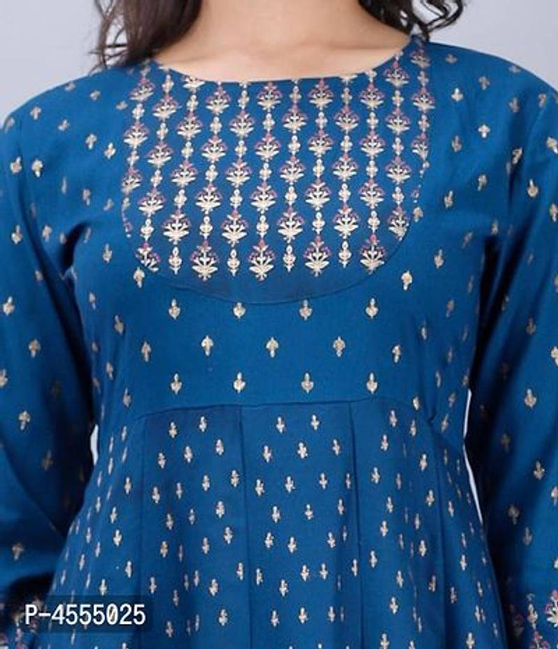 Elegant Blue Printed Rayon Anarkali Kurta For Women
