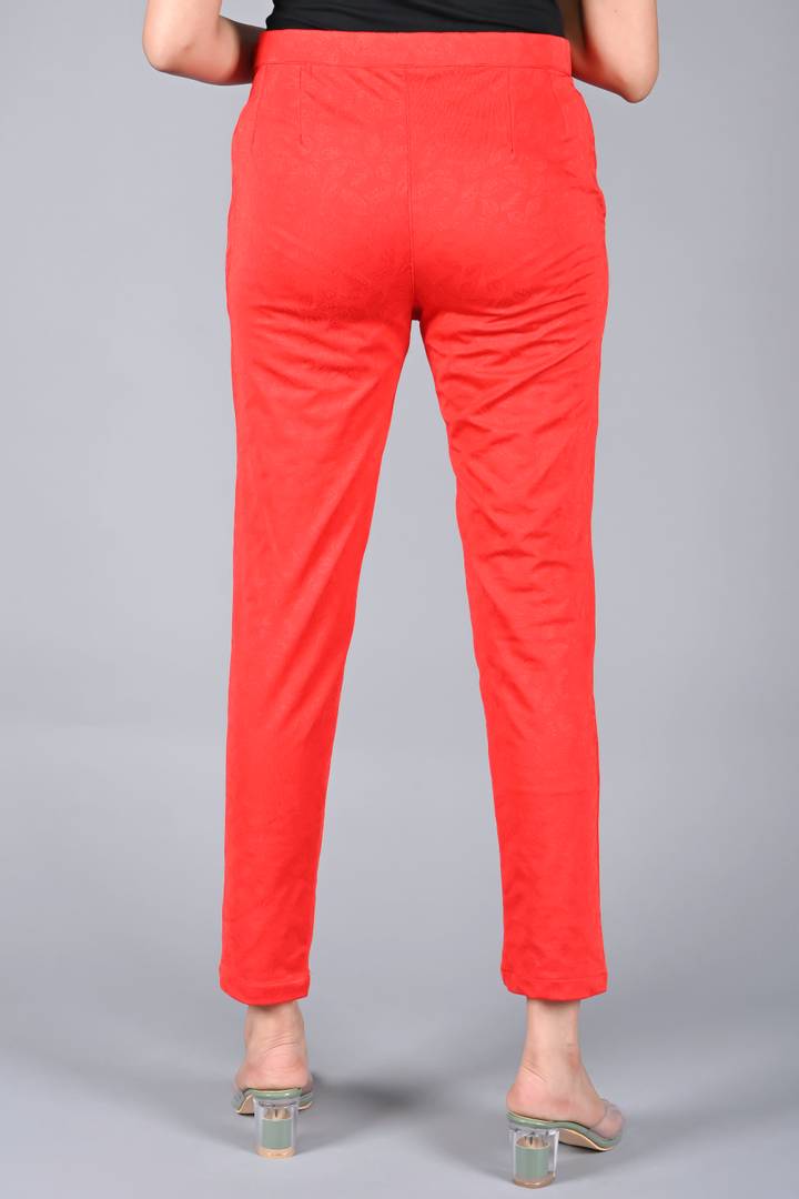Elite Red Synthetic Solid Regular Fit Casual Trousers For Women