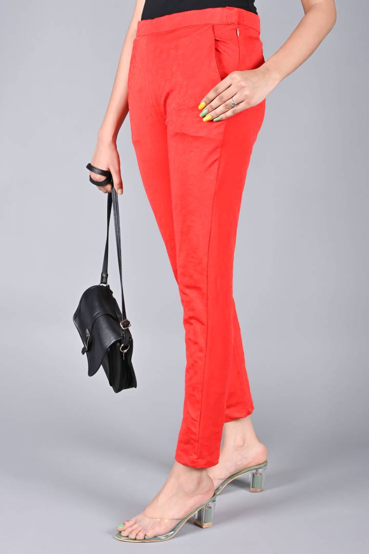 Elite Red Synthetic Solid Regular Fit Casual Trousers For Women