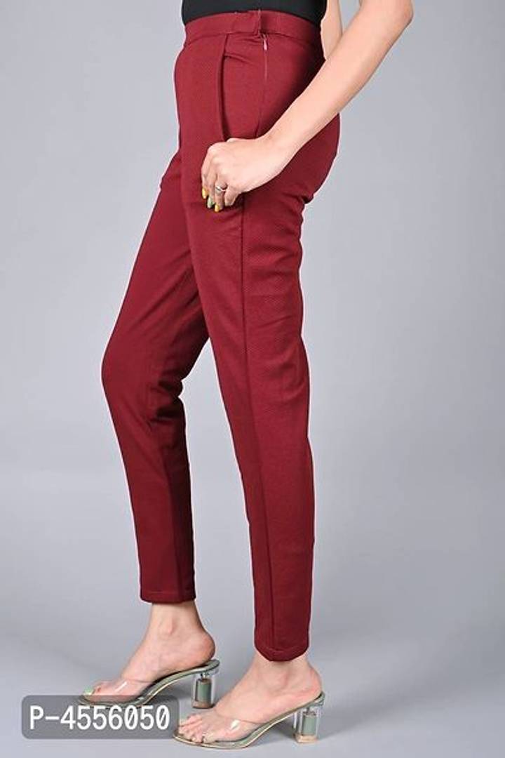 Elite Maroon Synthetic Solid Regular Fit Casual Trousers For Women