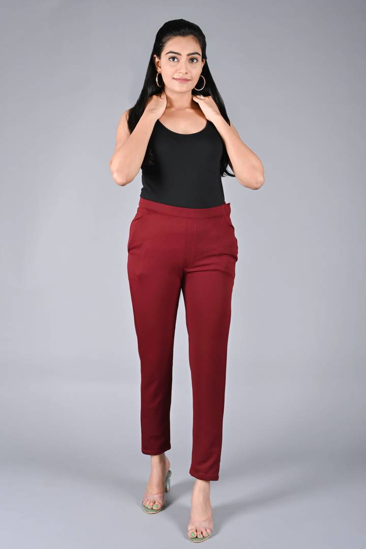 Elite Maroon Synthetic Solid Regular Fit Casual Trousers For Women