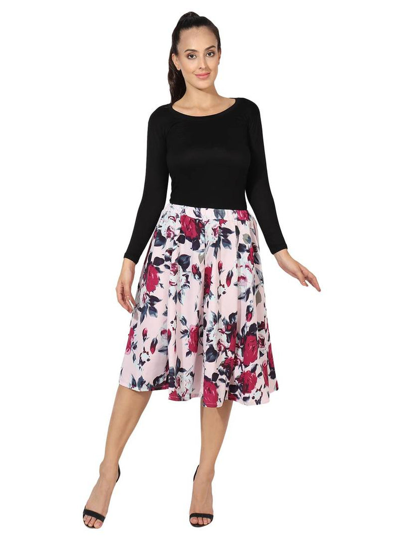 Stylish Polyester Pink Rose Floral Print Midi Calf Length Skirt For Women