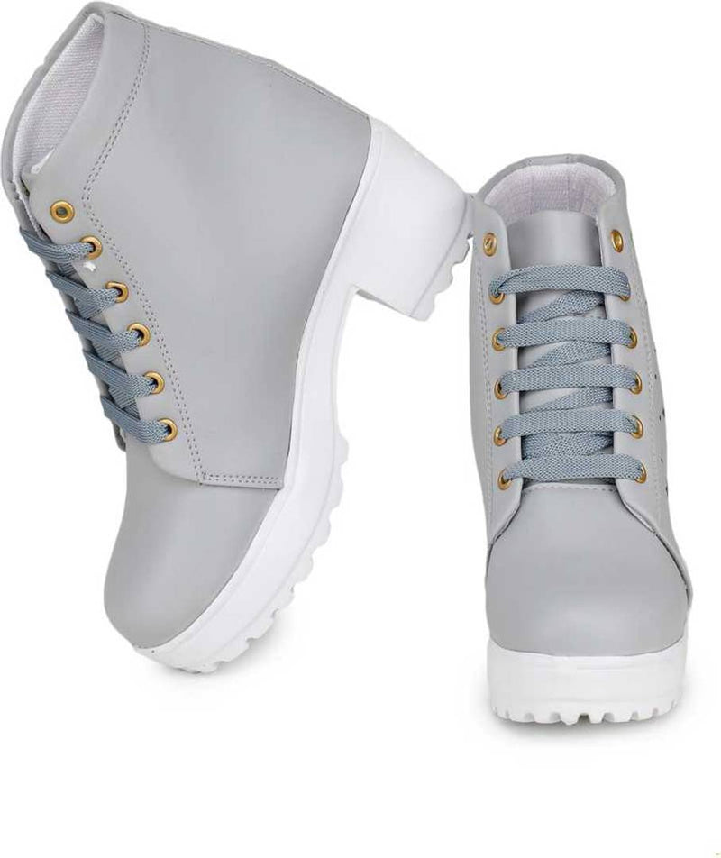 Stylish Synthetic Leather Grey Boots Shoes For Women And Girls