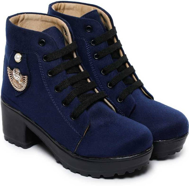 Stylish Synthetic Leather Navy Blue Boots Shoes For Women And Girls