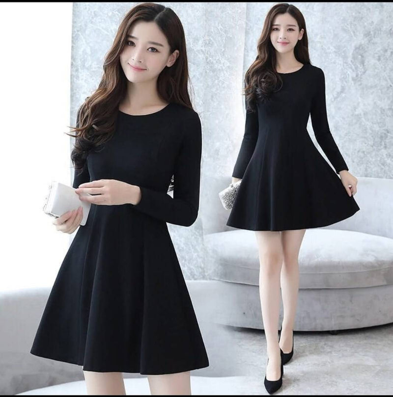 Women's Above Knee Length Printed Black Crepe A-Line Dress