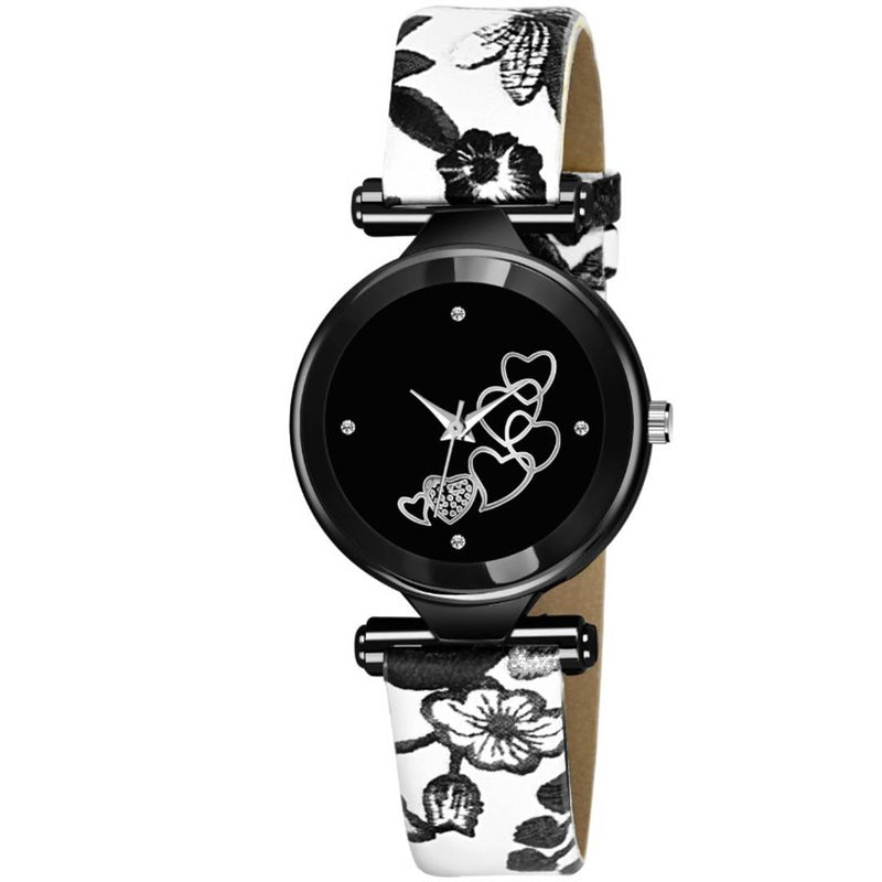 Stylish Synthetic Floral Printed Strap Round Shape Dial Analog Watch For Women