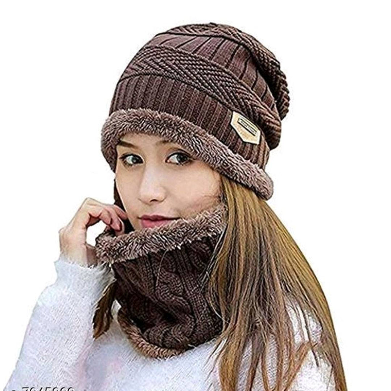 Stylish Brown Woolen Cap Winter Warm With Fur Inside