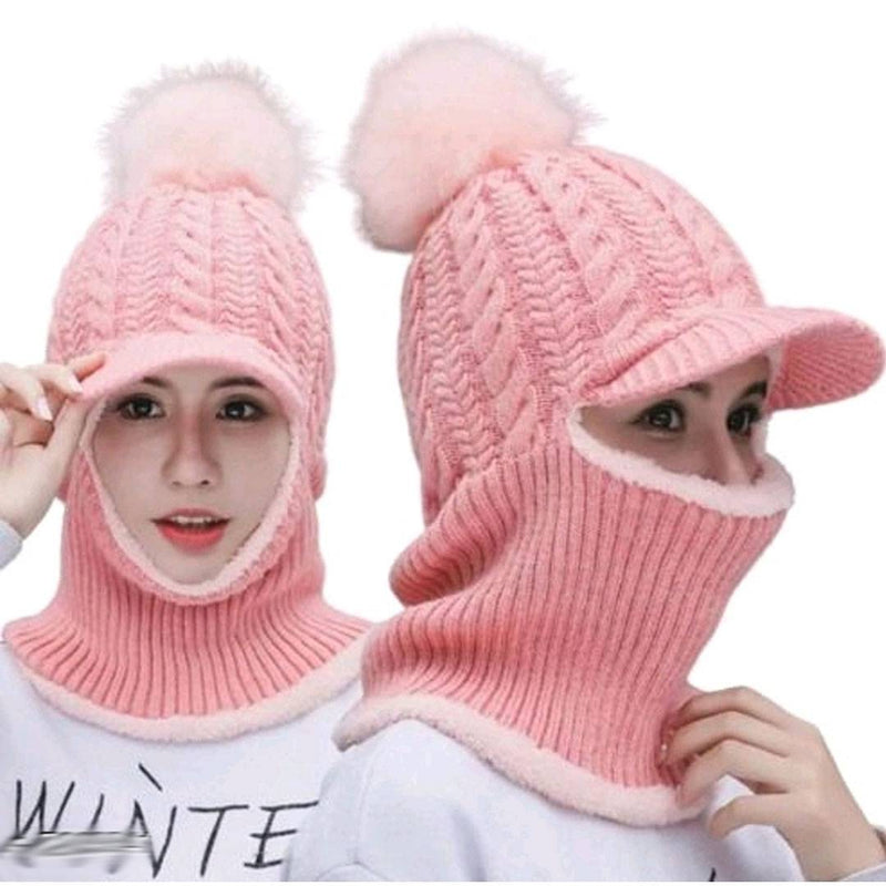 Stylish Pink Woolen Cap Winter Warm With Fur Inside