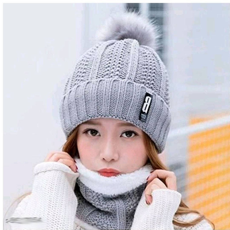 Stylish Grey Woolen Cap Winter Warm With Fur Inside