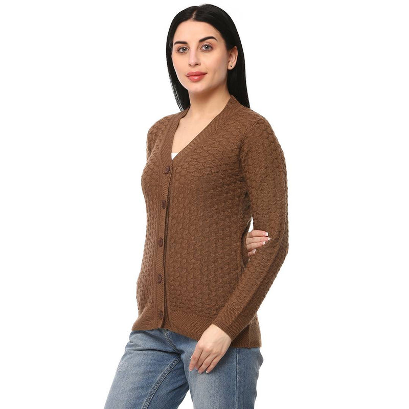 Women's Mouse Color Full Sleeves V-Neck Cardigan