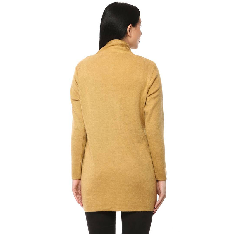 Women's Gold Color Full Sleeves Round Neck Long Cardigan