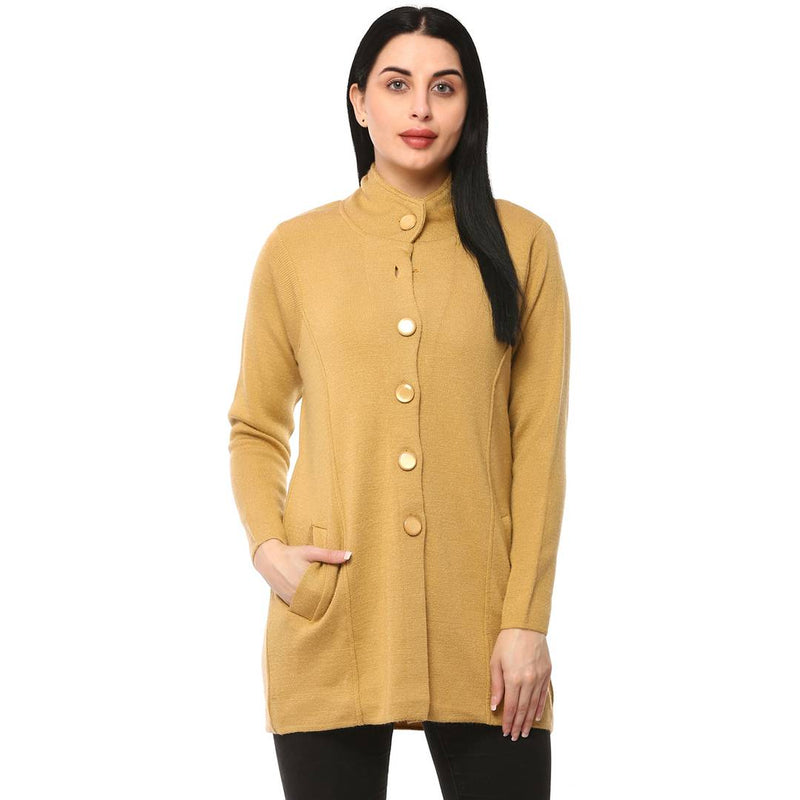 Women's Gold Color Full Sleeves Round Neck Long Cardigan