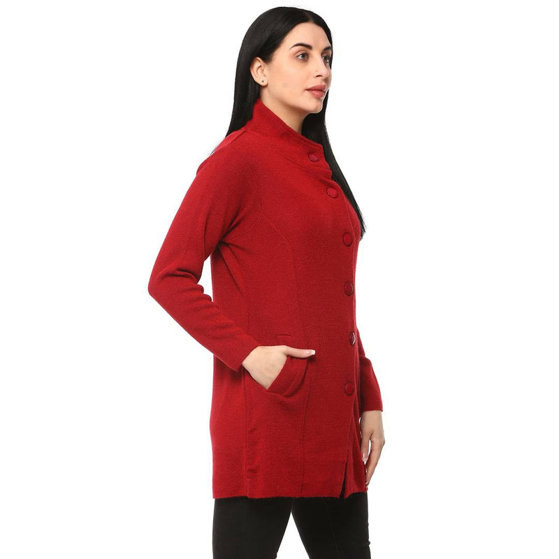 Women's Red Color Full Sleeves Round Neck Long Cardigan