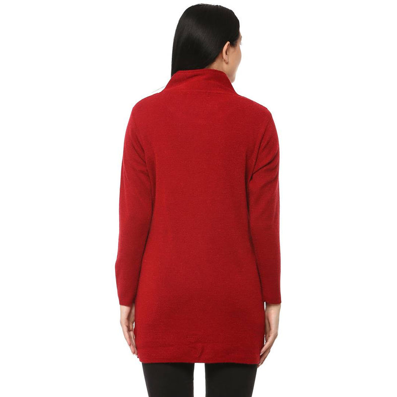 Women's Red Color Full Sleeves Round Neck Long Cardigan