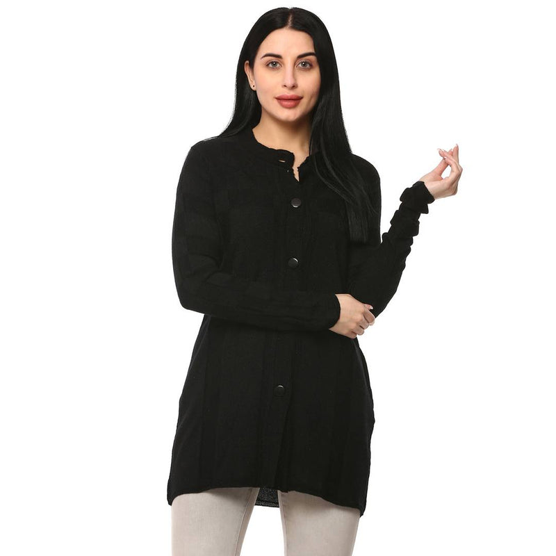 Women's Black Color Full Sleeves Round Neck Long Cardigan