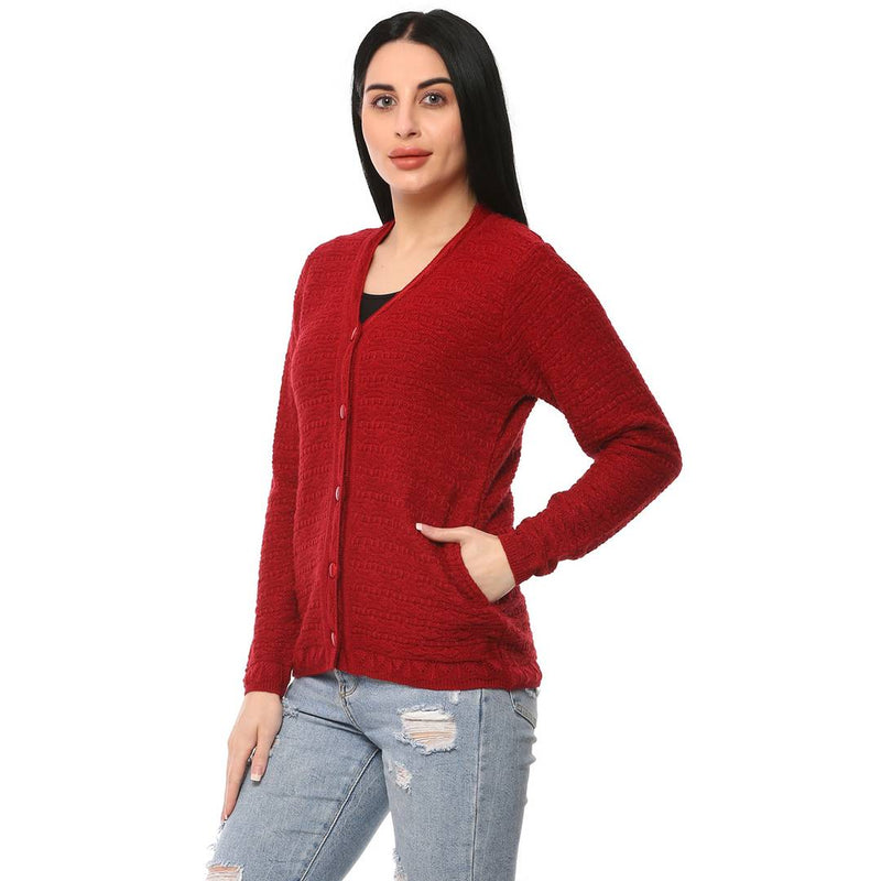 Women's Red Color Full Sleeves Round Neck Cardigan