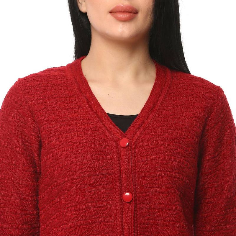 Women's Red Color Full Sleeves Round Neck Cardigan