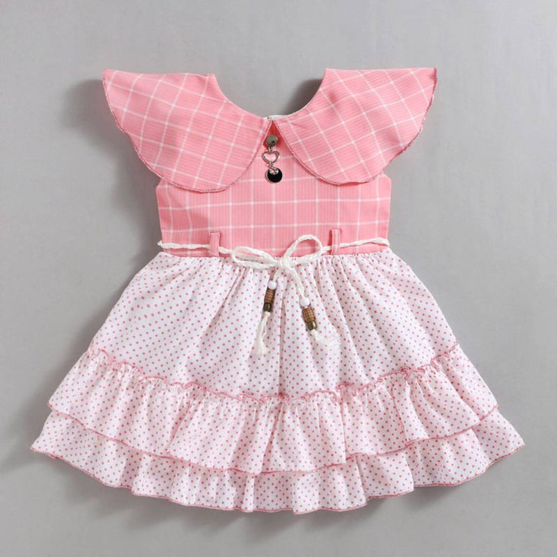 The Magic Wand Cape Tiered Chex & Polka Dot Dress Frock  With Tie Sash For Girl-Pink