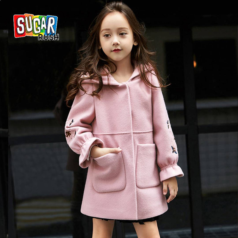 Girl's Embroidered Pink Polyester Coats