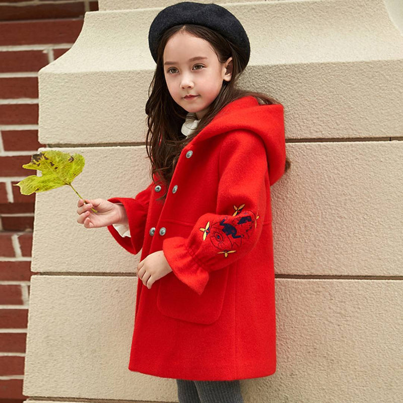Girl's Embroidered Red Polyester Coats