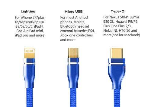 3 in 1 Nylon Braided 3.0A Data Cable for Charging Micro USB, iOS & Type C Mobile Phones (1 M, Blue) ( 3 Feet ) 1 Year Warranty