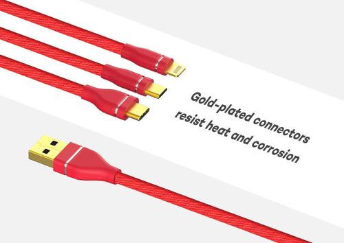 3 in 1 Nylon Braided 3.0A Data Cable for Charging Micro USB, iOS & Type C Mobile Phones (1M, Red) ( 3 Feet ) 1 Year Warranty
