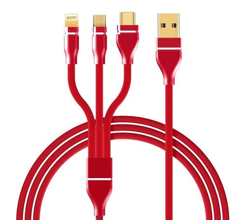 3 in 1 Nylon Braided 3.0A Data Cable for Charging Micro USB, iOS & Type C Mobile Phones (1M, Red) ( 3 Feet ) 1 Year Warranty with Adapter